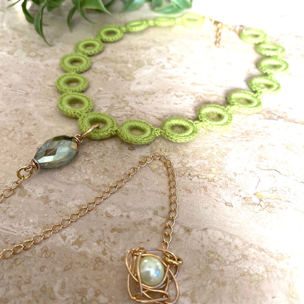 Lime green crochet choker necklace with pendant